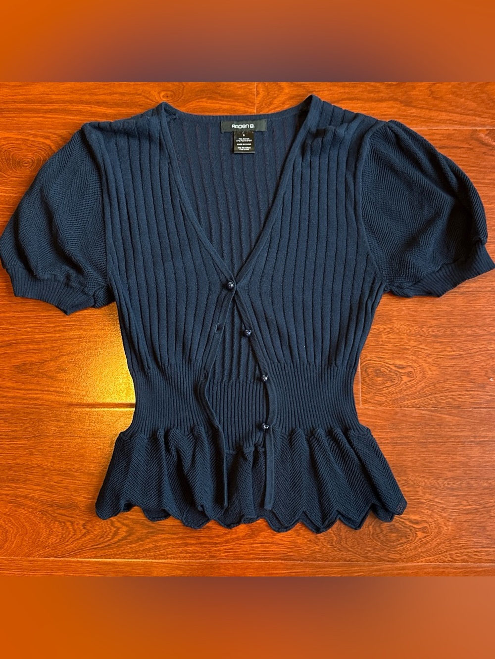 Arden B. Y2K Navy Ribbed Knit Puff Sleeve Peplum Top Small